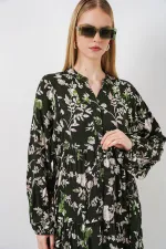 Kadın Desenli Uzun Tesettür Elbise 2585 - Koyu Haki