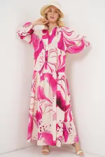 Kadın Desenli Uzun Tesettür Elbise 2585 - Fuşya