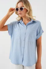 Women's Short Sleeve Striped Oversize Shirt 20303 - Blue