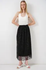 Kadın Flok Baskılı Astarlı Etek 8076 - Siyah