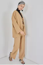 Kimono deux pièces en lin pour femme, modèle 6727 - Biscuit