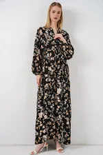 Women's Patterned Long Hijab Dress 2585 - V. Black