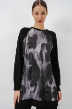 Women's Patterned Oversize Tunic and Pants Two-Piece Set 55462 - Black