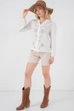 Kadın Nakışlı Uzun Kol Bluz 963 - Kahverengi