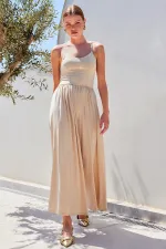 Combinaison pantalon à jambes larges et bretelles 7029 - Beige