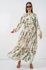 Kadın Desenli Uzun Tesettür Elbise 2585 - C. Çağla