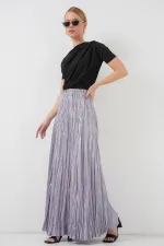 Women's Long Crinkle Shiny Skirt 8034 - Gray