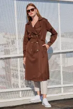 5853 Kruvaze Yaka Trençkot - Kahverengi