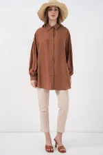 Kadın Uzun Oversize Gömlek 5965 - Sütlü Kahve