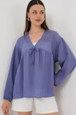 Kadın Önü Bağcıklı Uzun Kol Bluz 946 - İndigo