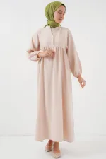 Kadın Uzun Tesettür Elbise 2525 - Krem