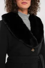 9149 Fur Detail Long Coat - Black