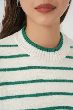 Kadın Çizgili Triko Süveter 15926 - Zümrüt Yeşili