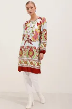 5902 Kemerli Desenli Elbise - Bordo