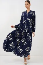 Kadın Desenli Uzun Tesettür Elbise 2585 - D.Lacivert
