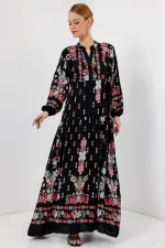2423 Authentic Patterned Hijab Dress - Black - Terracotta