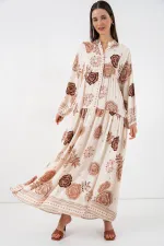 Kadın Desenli Uzun Tesettür Elbise 2585 - A.Bej