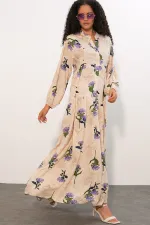 Women's Patterned Long Hijab Dress 2585 - Light Lilac Women's Patterned Long Hijab Dress 2585 - Light Lilac