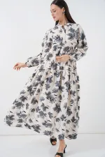 Kadın Lilyum Kumaş Uzun Tesettür Elbise 2593 - Gri