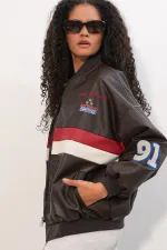 0698 Printed Faux Leather Bomber Jacket - Brown 0698 Printed Faux Leather Bomber Jacket - Brown