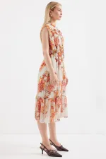 2503 Patterned Zero Sleeve Chiffon Dress - Brick