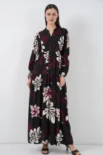 Kadın Desenli Uzun Tesettür Elbise 2585 - Z.Siyah