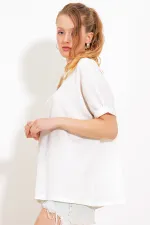 Chemisier blanc oversize en maille à col polo pour femme 0486