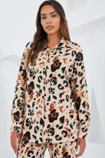 Kadın Krem Kahverengi Desenli Örme İkili Takım 5858