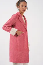 9145 Women's Herringbone Cashmere Coat with Feathered Sleeves - Red