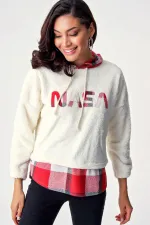 4248 Ekose Desen Peluş Sweat - Beyaz