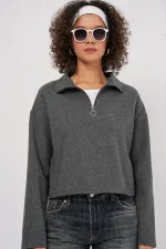 55449 Zippered Collar Knitted Sweatshirt - Anthracite