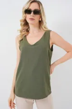 V Yaka Sıfır Kol Bluz 950 - Haki