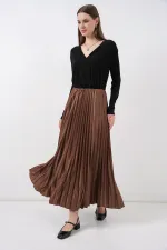 8009 Deri Görünümlü Piliseli Etek - Taba