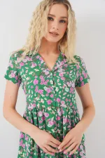 Women's Buttoned-Down Short Sleeve Floral Dress 2561 - Green