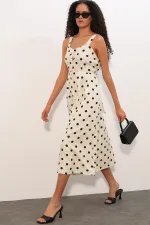Women's Polka Dot Button-Front Strappy Midi Dress 2603 - Ecru