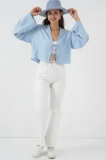 Kimono en lin noué sur le devant 960 - Bleu