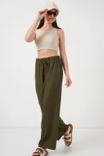 Women's Wide Leg Linen Trousers 6735 - Khaki