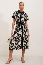 2455 Patterned Shirt Dress - Black