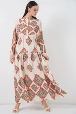 Robe longue hijab à motifs pour femme 2585 - Beige
