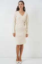 Kadın Kruvaze Yaka Triko Elbise 15928 - Ekru