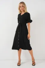 Women's Short Sleeve Buttoned Dress 2555 - Black