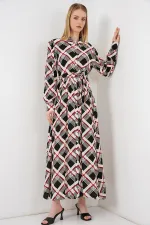 Kadın Boydan Düğmeli Uzun Tesettür Elbise 2588 - Siyah - Bej