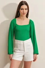 0465 Balloon Sleeve Knitted Blouse - Green