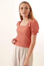 0409 Square Neck Knitted Blouse - Dusty Rose