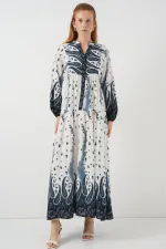 Robe longue hijab à motifs pour femme 2585 - Bleu marine clair