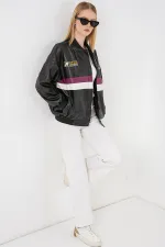 0698 Printed Faux Leather Bomber Jacket - Black - Purple