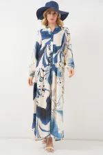 Kadın Desenli Uzun Tesettür Elbise 2585 - Lacivert