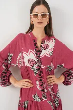 Kadın Desenli Uzun Tesettür Elbise 2585 - Gül Kurusu