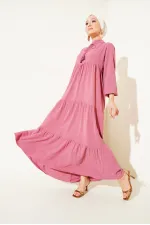 T1627 Yaka Bağcıklı Elbise - A. Pembe