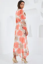 Kadın Turuncu Bej Çiçek Desenli Şifon Elbise 2134